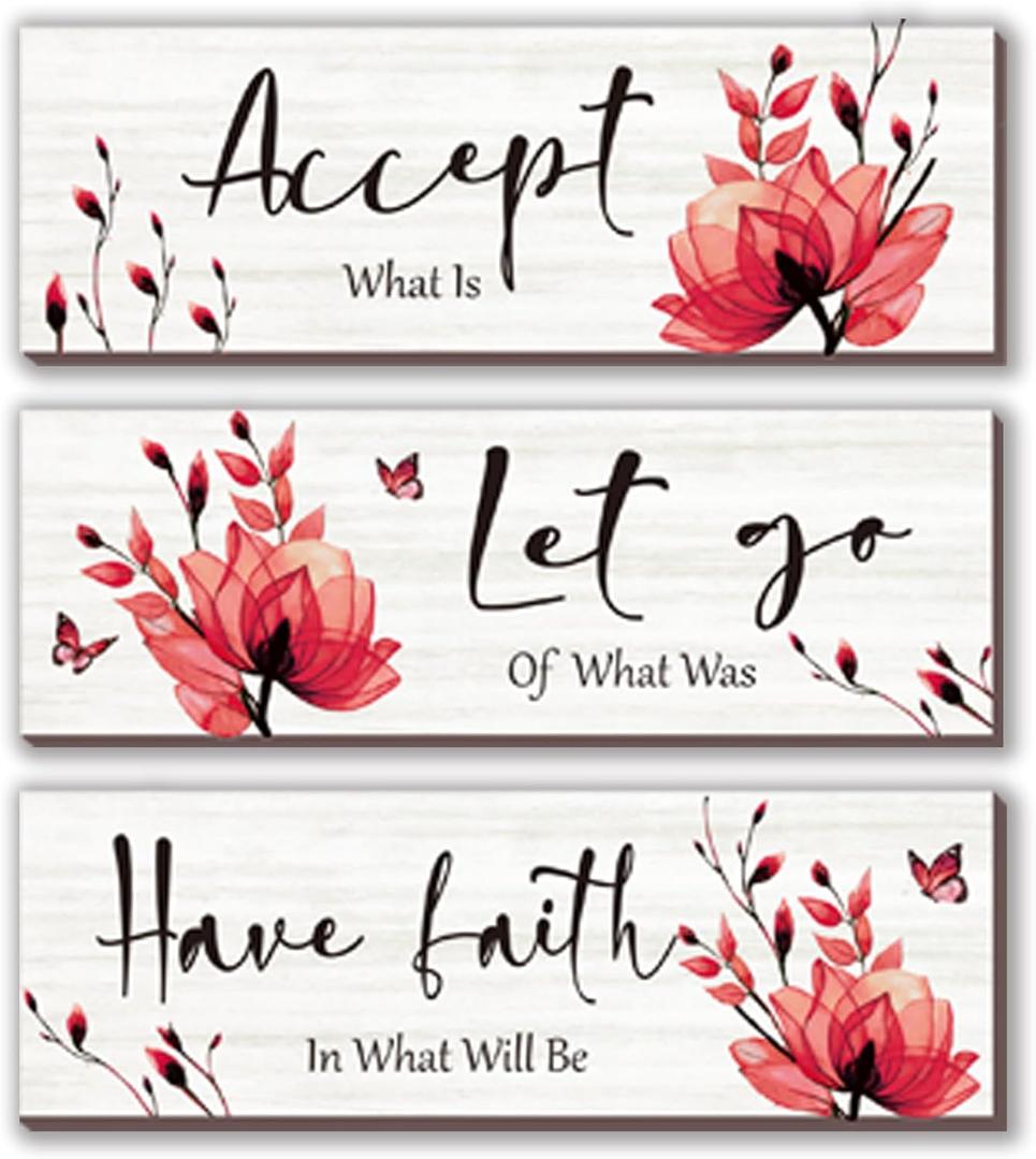 3 Pcs Red Bathroom Decor Rustic Flower Wall Art Accept Let Go Have Faith Farmhouse Bedroom Wall Decor Wooden Inspirational Quotes Decorations for Living Room Bathroom Bedroom(Red, 12 x 4 Inches)