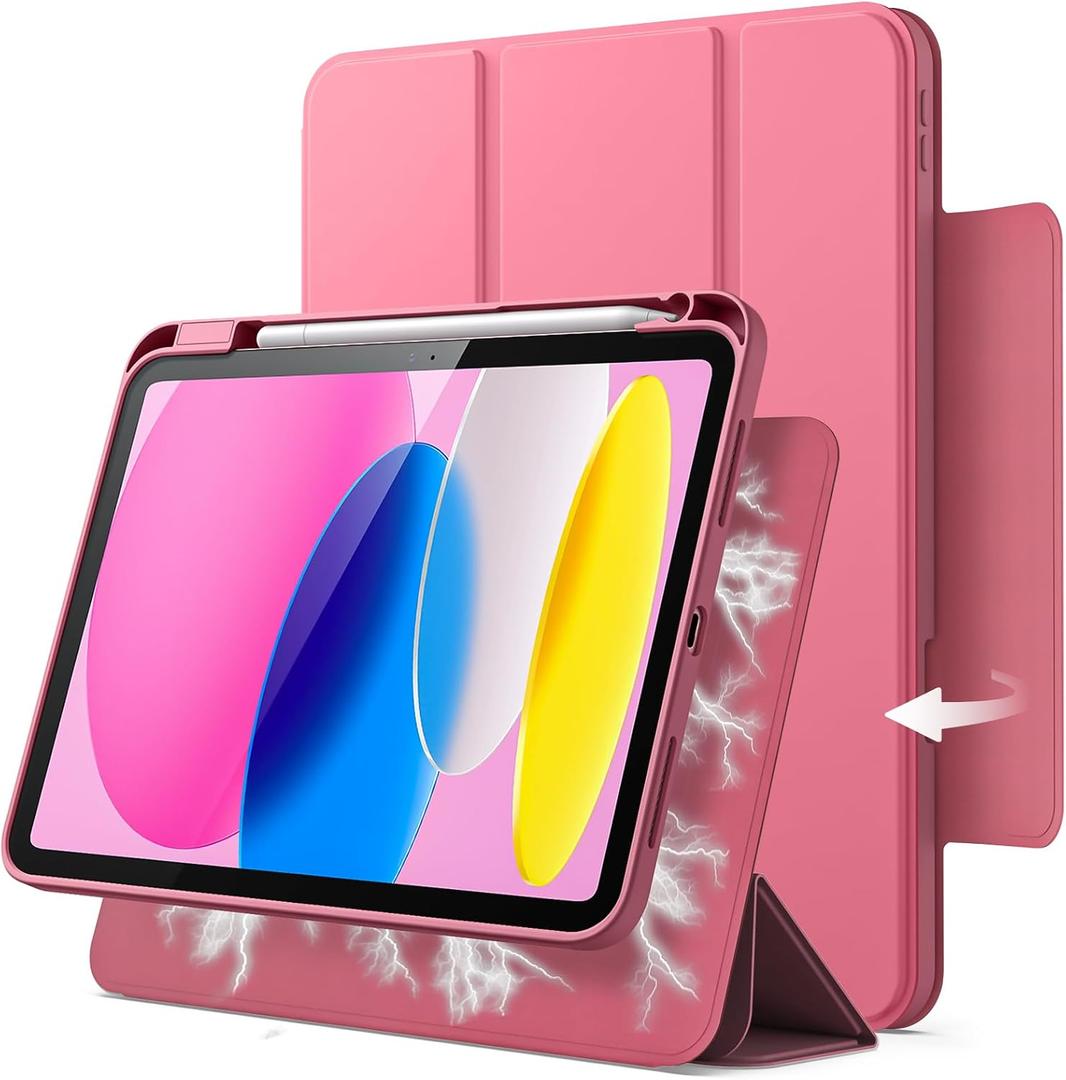 JETech Magnetic Detachable Case for iPad (A16) 11th/10th Generation (2025/2022) with Pencil Holder, Removable Rotating Clear Cover, Portrait/Landscape Stand with Raised Screen View (Pink)