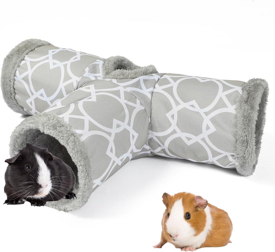 LUCKITTY Plush Inside 3-Way Shape Small Animals Tube Tunnel with Interactive Ball for Guinea Pig, Hamster, Chinchilla, Hedgehog Hiding and Resting, Geometric Grey, L