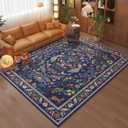 Living Room Rug 5x7 Rug Machine Washable Area Rug Floral Non-Slip Low Pile Large Rugs for Living Room, Bedroom, Farmhouse, Dining Room, Kids Playroom(Blue)