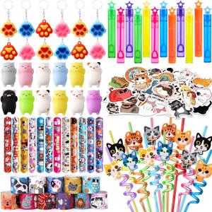 Winrayk Cat Party Favors Birthday Supplies for Kids Girls, Squishy Toy Straw Mini Bubble Wand Keychain Slap Bracelet Sticker, Classroom Pinata Filler Goodie Bag Stuffer Cat Themed Party Favors Decor
