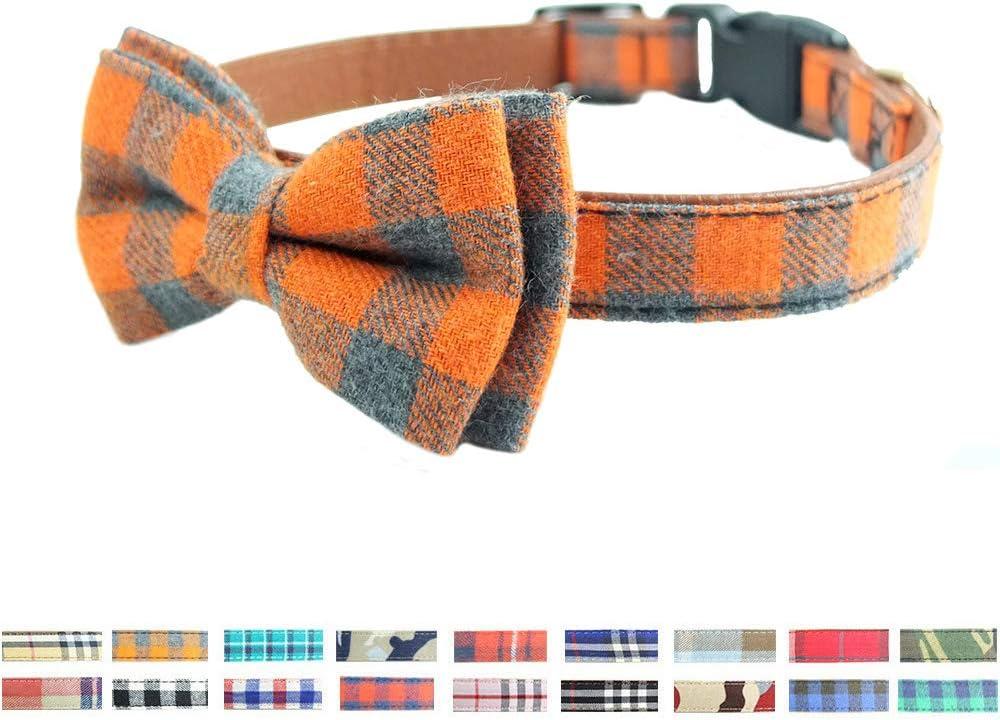 Bow Tie Dog Collar - Cute Plaid Sturdy Soft Material&Leather Dog Collars for Small Medium Large Dogs Breed Puppies Adjustable 18 Colors and 3 Sizes (Orange Plaid, M 13"-18")