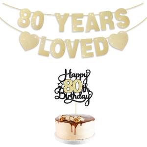 2 x 80th Birthday Decorations for Men Women, Gold Glitter 80th Birthday Banner with Cake Topper 80 Years Loved Banner 80 B-DAY Party Decorations