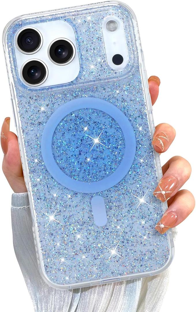 ZIYE Compatible with iPhone 17 Pro Max Case Magnetic Glitter Sparkly Bling Clear TPU Bumper Hard PC Shockproof Protective Girls Compatible with MagSafe Cover Case Designed for iPhone 17 Pro Max Blue
