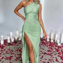 Memoriesea Women's Sexy One Shoulder High Split Cocktail Wedding Party Maxi Dress (Green, S)