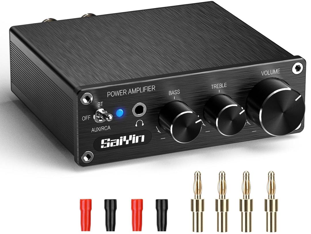 Saiyin Power Amplifier Home Audio, 80W x 2 Stereo Bluetooth Amplifier Receiver 2.0 Channel Mini Hi-Fi Class D Integrated Amp with Headphone Jack, Bass/Treble Control for Home Speakers