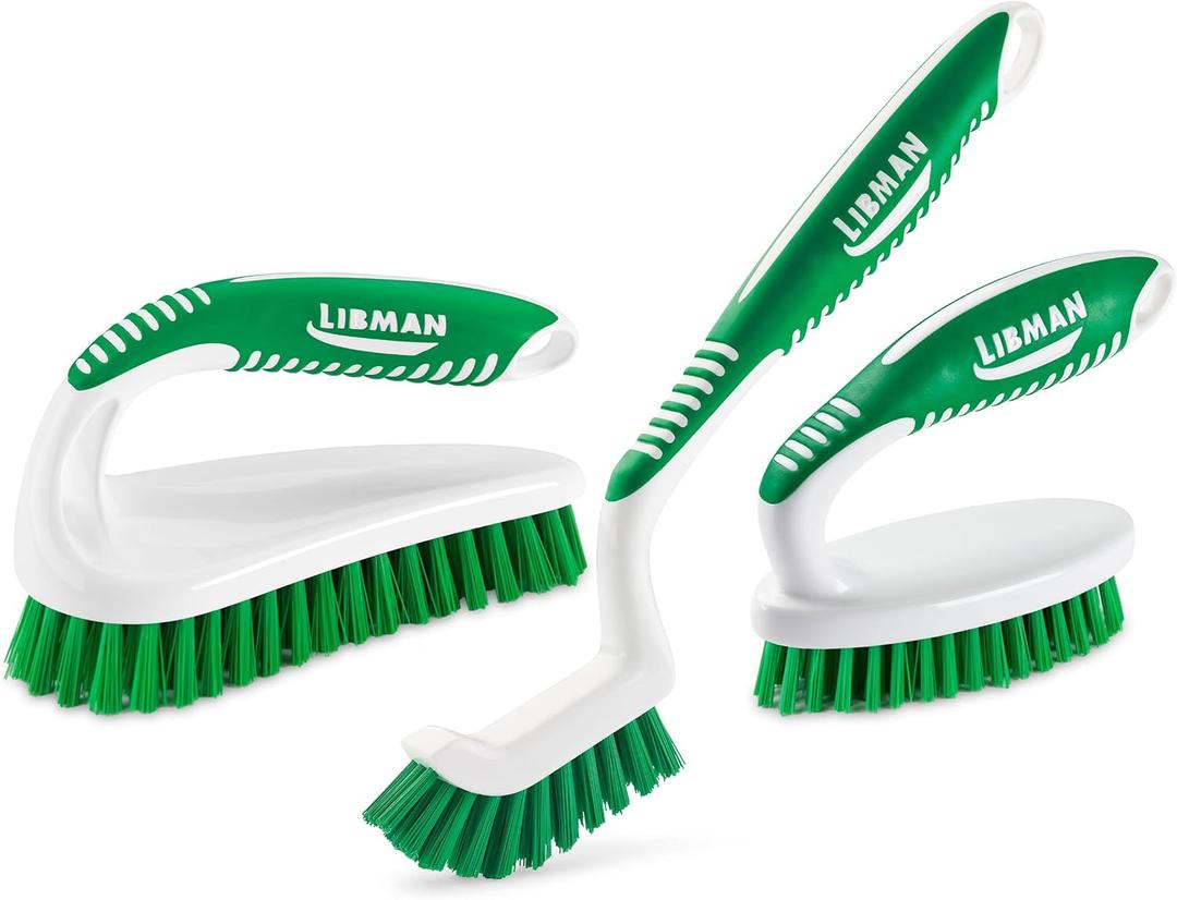 Libman Scrub Brush Kit  Three Different Durable Brushes for Grout, Tile, Bathroom, Kitchen. Easy to Handle, Strong Fibers for Tough Messes  Family Made in the USA, Unisex Lot 2406
