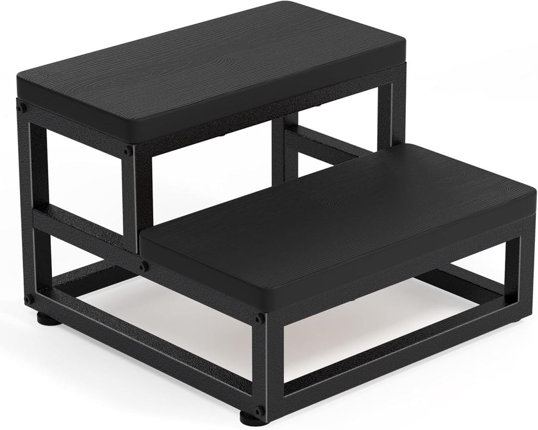 Two-Step Stool for Adults & Kids, Waterproof HDPE Bed Step with Adjustable Non-Slip Feet, Sturdy Metal Frame for Kitchen, Bathroom, Bedroom, RV & Outdoor Use, Black (Double Tier)