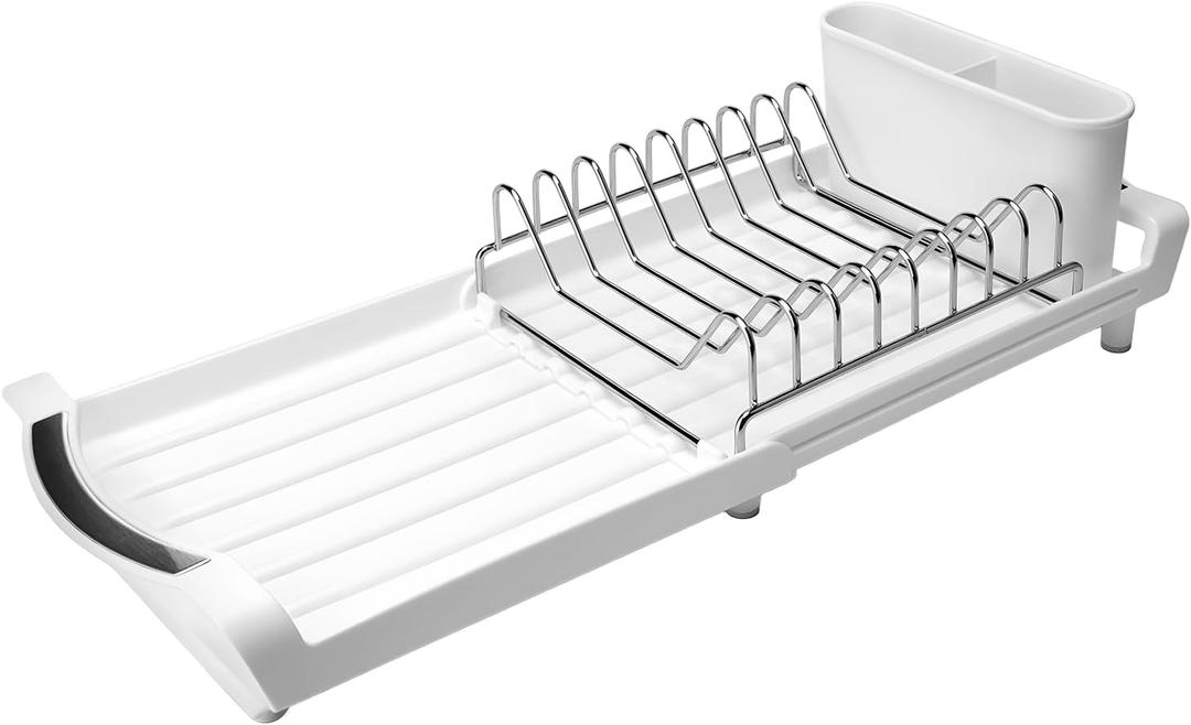 Dish Drying Rack Compact Expandable - A Space-Saving, Stainless Steel, Rust-Resistant Dish Drainer for Kitchen and Apartment Countertops/Sink Cabinets, Extendable from 11.42 to 19.9 inches (White, Single)