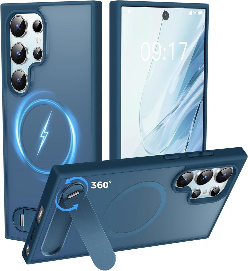Reukdnv Magnetic for Galaxy S24 Ultra Case with Durable Metal Stand, Military Grade Drop Protection, Fit for MagSafe, Slim Phone Case for Galaxy S24 Ultra (6.8"), Translucent Matte Hard Case Cover (Blue)
