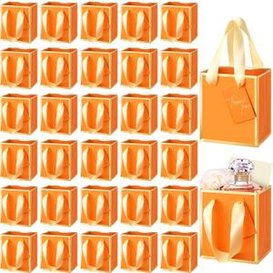 Yeaqee 50 Pcs Mini Metallic Paper Gift Bags with Handles 4x2.75x4.5'' Tiny Small Gift Bags with Thank You Tag for Wedding Graduation Birthday Party Return Gifts Jewelry Business (Orange,Gold)