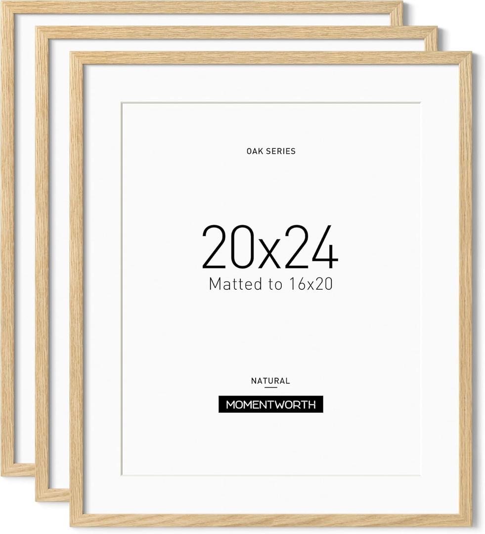 Minimalist 20x24 Picture Frame Matted to 16x20 Set of 3, Solid Oak Wood Frame for Horizontal & Vertical Wall Mounting(3 Pack,Oak)