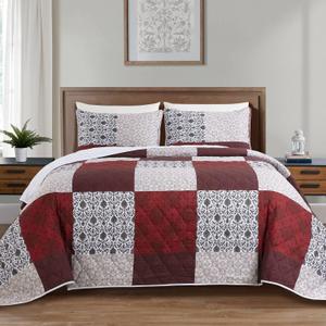 HOMBYS 128x120 Oversized King Bedspread, 3 PCSLightweight & Soft Oversized King Quilt Set, Patchwork Floral Coverlet with Shams for All Seasons, (Red&White&Brown)