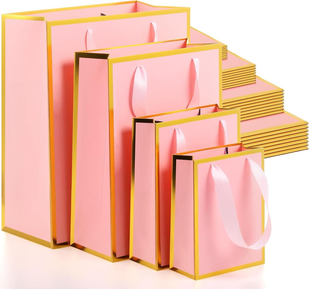 PerKoop 40 Pack Kraft Gift Bags Handled Paper 4 Sizes Goodie with Handles Gift Wrap Dessert Shopping Bags for Business Party Favors( Vertical, Pink)