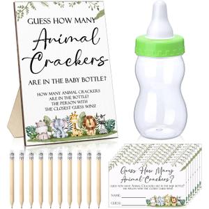 Dandat 122 Pcs Woodland Safari Baby Shower Games Guess How Many Crackers Sign 100 Guessing Cards Milk Bottle 20 Pencils for Animal Jungle Theme Baby Shower Gender Reveal Party Decor(Animal)