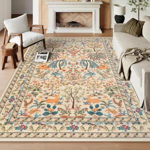 OJIA 8x10 Area Rugs for Living Room Bedroom Large Washable Rugs, Thin Boho Beige Nursery Rug Non-Shedding Kids Playroom Rug Floral Stain Resistant Large Carpet Accent Rugs for Dining Farmhouse