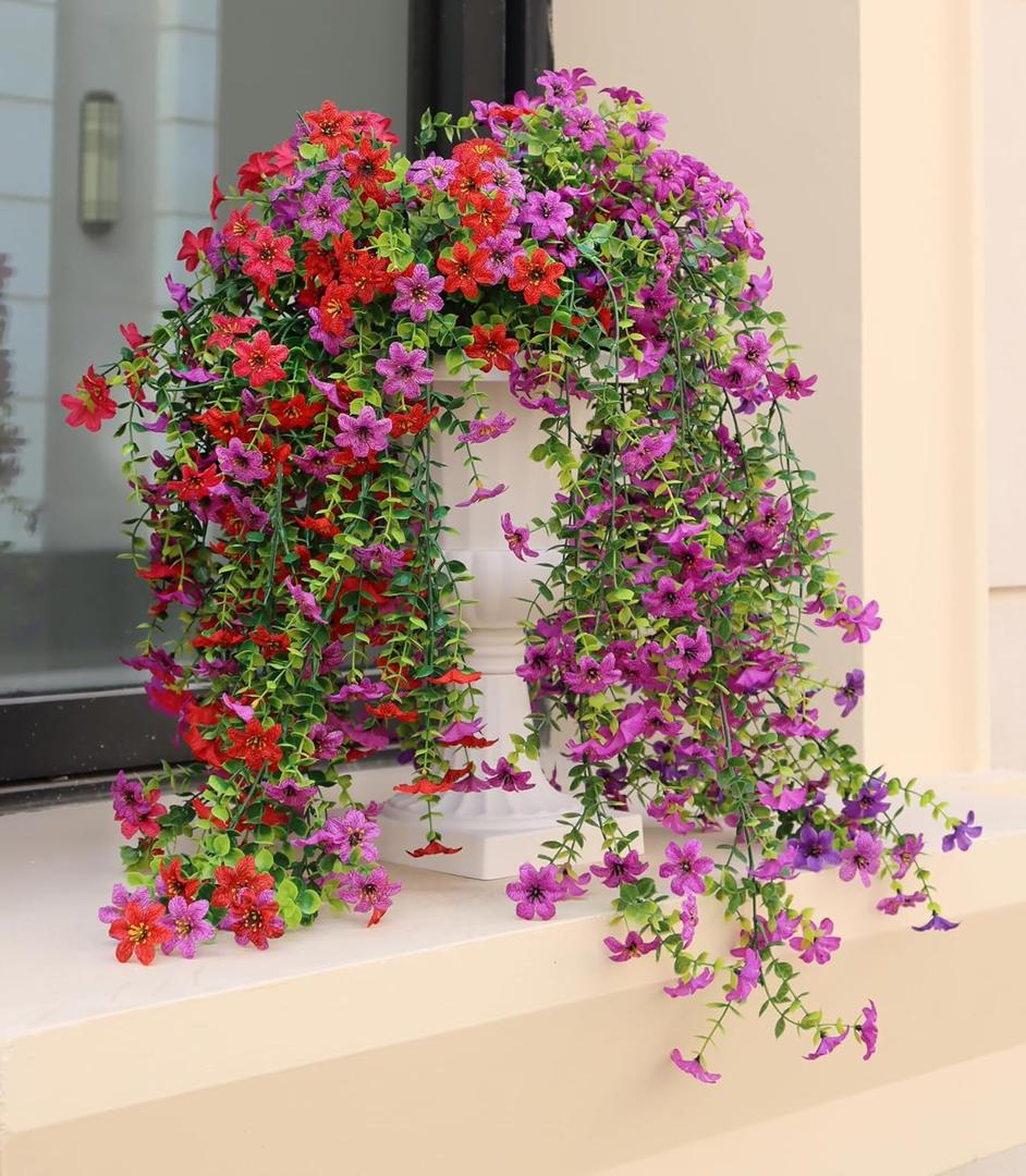 Artificial Hanging Flowers for Outdoors, 4 Pack Fake Hanging Plant for Spring Summer Decor, UV Resistant Faux Silk Flower for Planter Porch Patio Balcony Yard Decoration ( Light Purple & Rose Red)