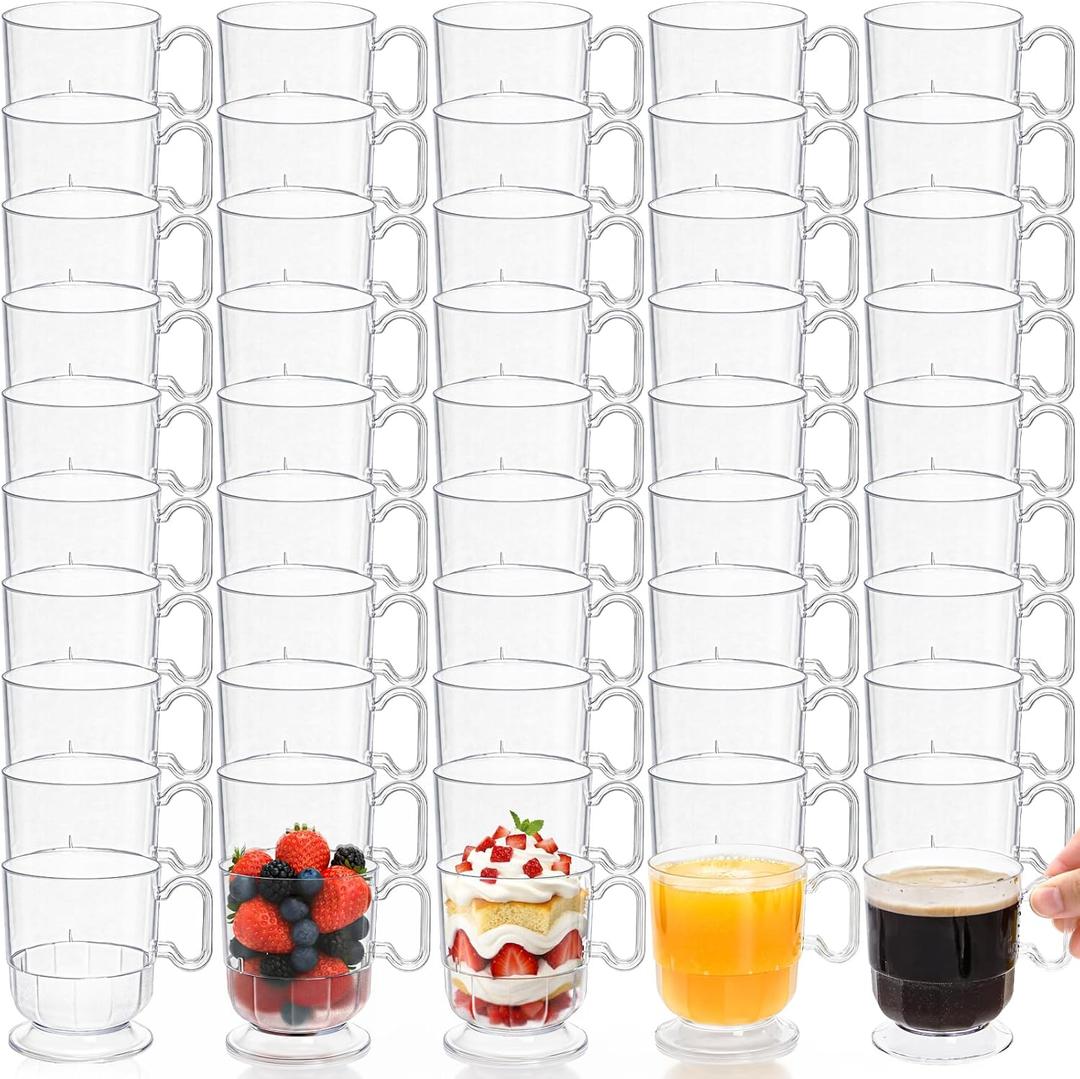 50 Pack Hard Plastic Coffee Cup with Handle, 8 Oz Disposable Coffee Mug Bulks, Heavy Duty Clear Drinking Cups for Espresso, Hot & Cold Beverage, Tea Party, Dessert, Wedding, Restaurant