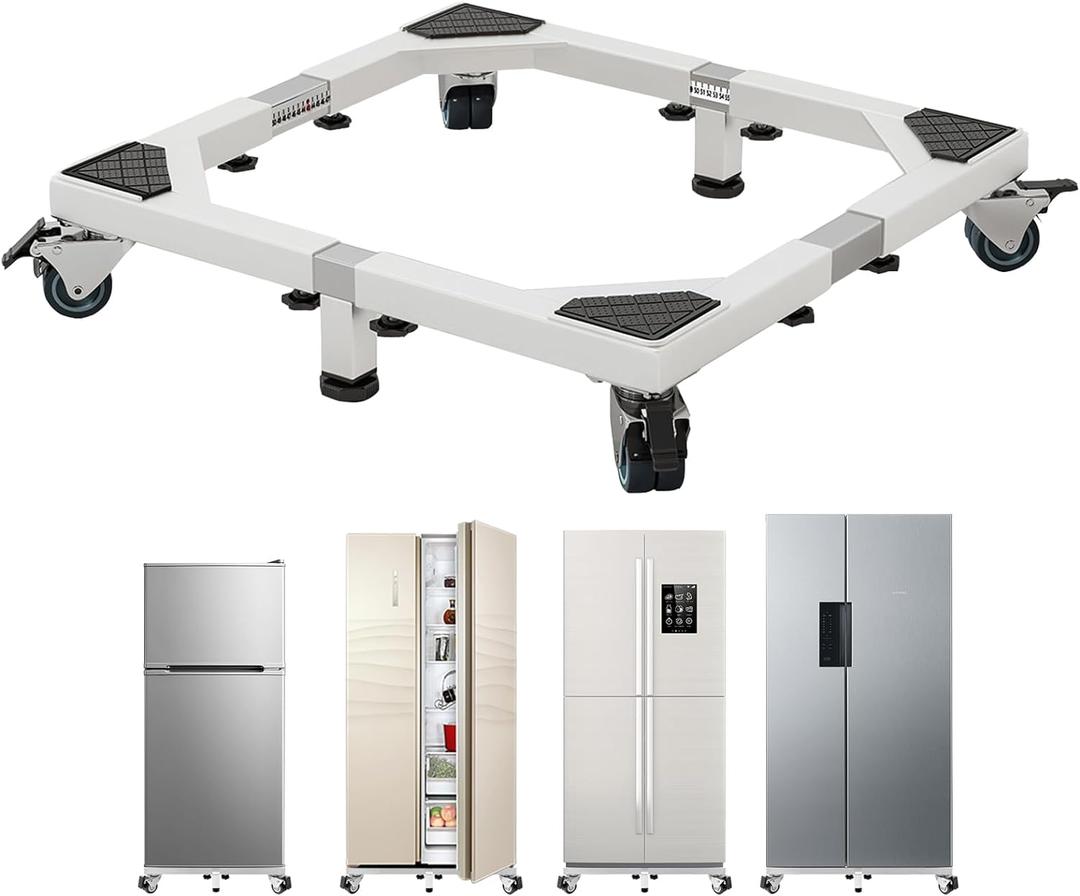 Heavy Duty All Steel Fridge Stand with Wheels Mobile Base Universal Adjustable Washing Machine Stand Multi-Functional Base Furniture Dolly for Refrigerator, Washer and DryerWhite/Large