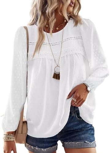 Falechay Womens Fall Tops Crewneck Long Sleeve Shirts Casual Chiffon Blouses Flowy Lace Hem Boho Clothing Trendy 2025 Size 4 XL