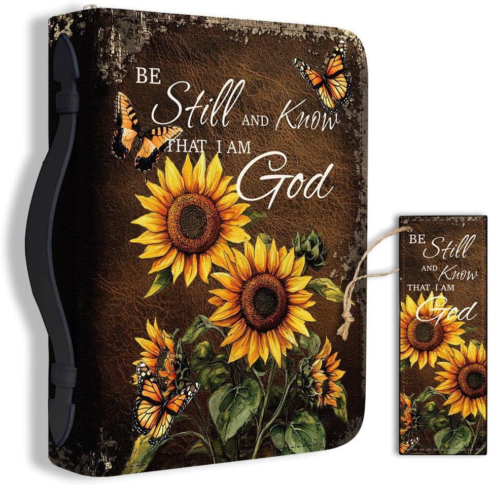 Bible Cover PU Leather Bible Case with Bookmark Sunflower Butterfly Bible Carrying Case for Women Men Christian Bible Note Books Carrying Accessories 20.5x28x5.5cm