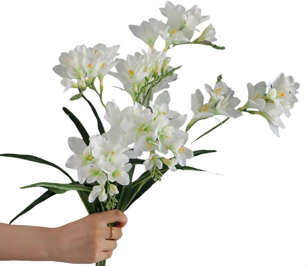 4pcs white Freesias Flowers Artificial with Long Stem,24"Real Touch Dendrobium Plants Fake Orchid Leaves,Faux Larkspur Flowers for Outdoor Table Garden Party Wedding Bouquet Fillers,Patio Decor