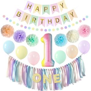 ANSOMO 1st Birthday Party Decorations Pastel Rainbow Happy Birthday High Chair Banner One Year Old Baby Girls Dcor Number 1 Balloons Kids Macaron Streamer Garland