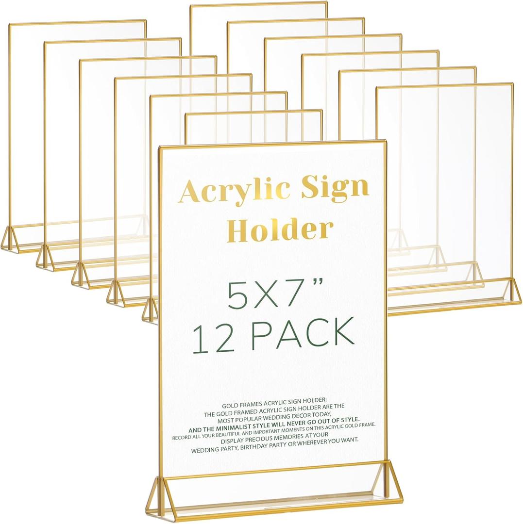 Acrylic Gold Sign Holder,Wedding Table Numbers Picture Frames, Double Sided Menu Holders Picture Frames for Restaurants, Home, Photo, Store (5 x 7-12 Pack)