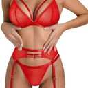 popiv Women's Sexy Lingerie Set with Garter Belt Matching Bra and Panty Lingeries Sets 4 Piece Size XL