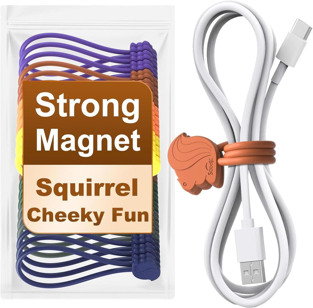 Fun Squirrel Magnetic Cable Ties 24 Pack, Reusable Silicone Cord Organizers for Home & Office, Strong Magnetic Hold, Assorted Colors, Ideal for Cable Management, Novelty Gift