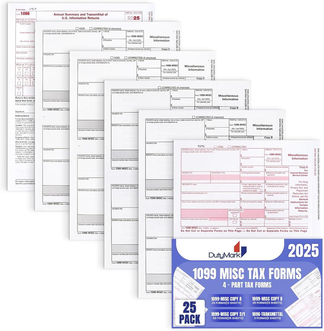 1099 MISC Forms 2025, 5 Part Set, Kit for 25 Vendors Complete Laser 1099 Tax Forms in Value Pack 1099 Misc 2025- NO ENVELOPES