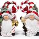 Hodao Christmas Gnome Decorations Set of 2 - Hand-Painted Resin Gnomes with Candy Cane Swirl Hats, Cardinals & Holly Accents - Tabletop Mantel Decor Winter Gift