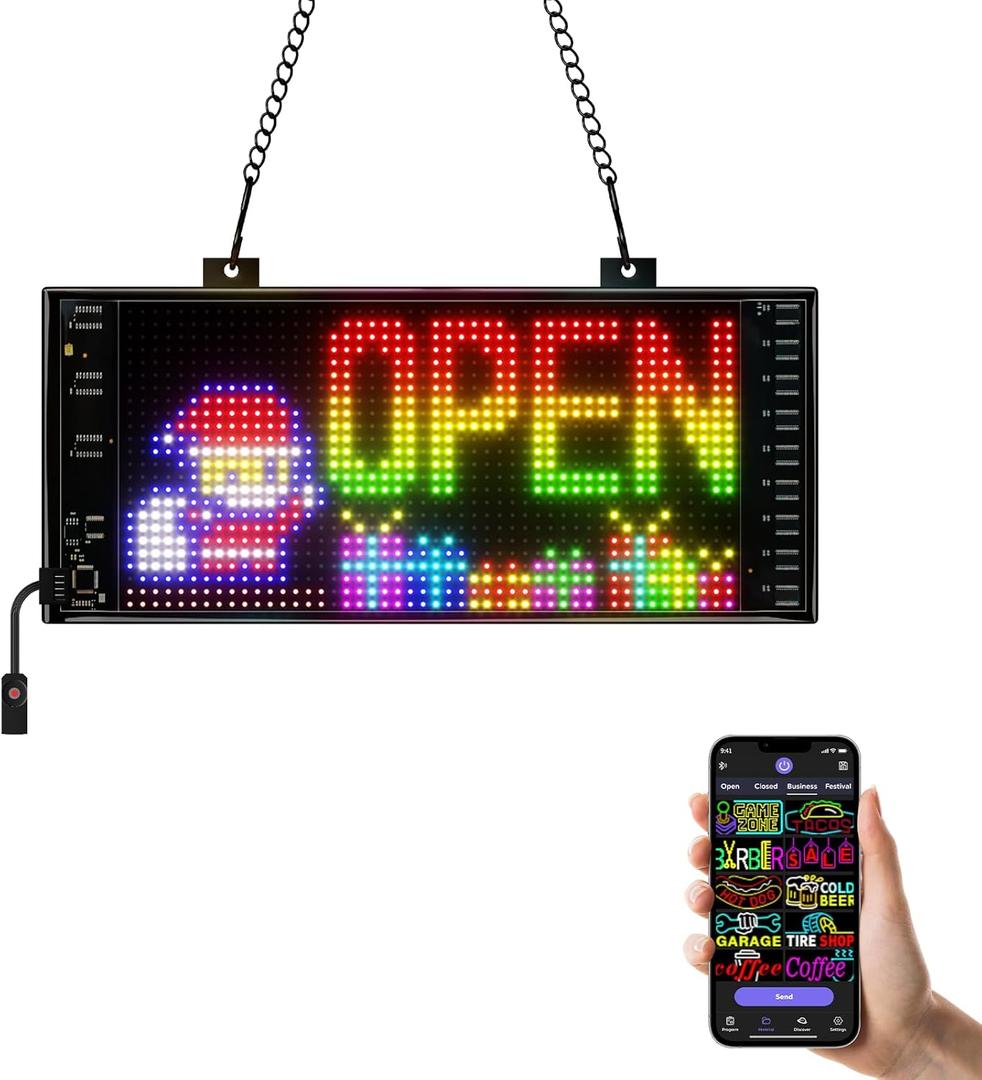LED Open Sign with Programmable Display, Bluetooth App Control, Multiple Dynamic Effects, for Shop Windows, Cafes, Bars