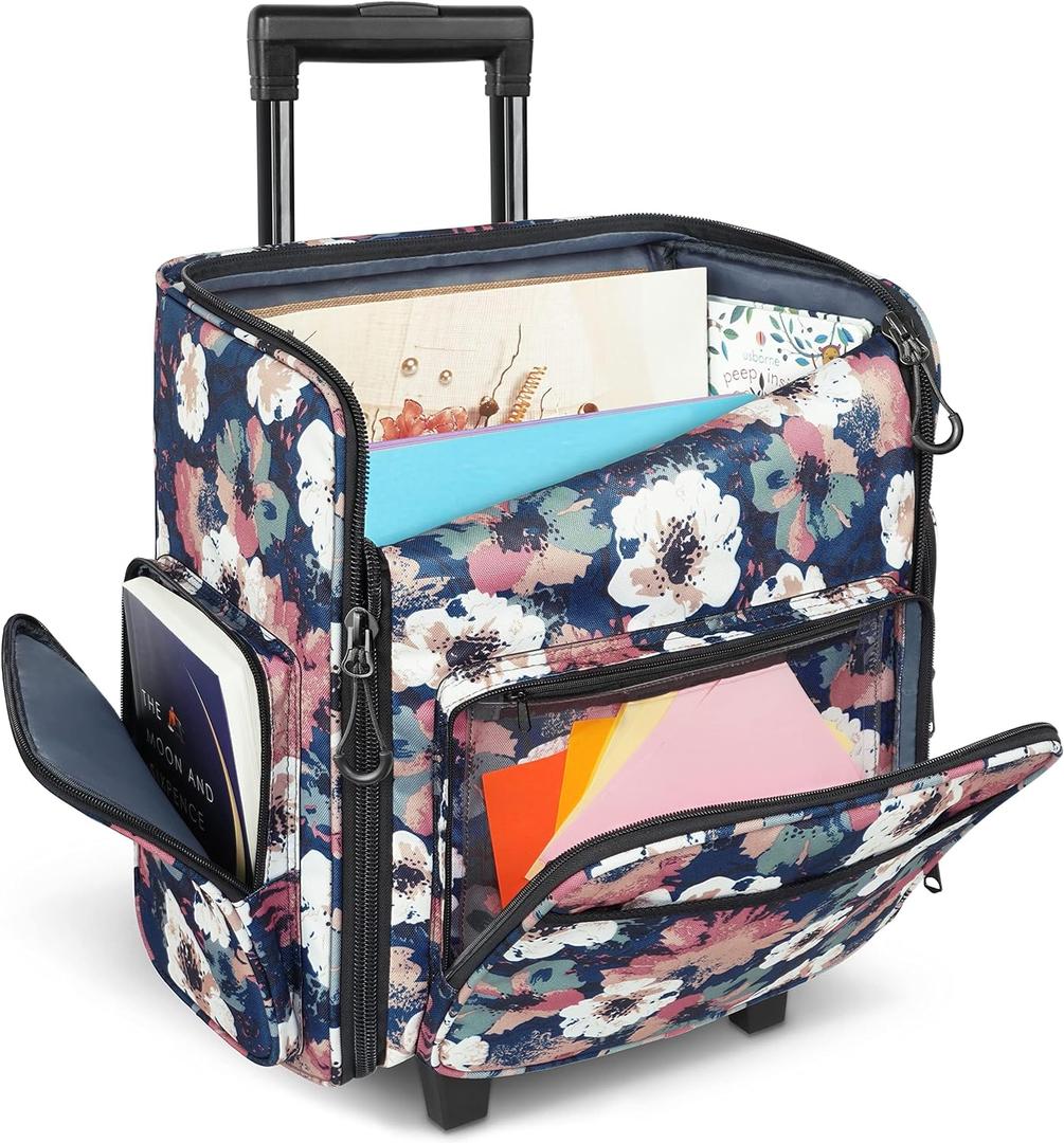 YOREPEK Rolling Craft Bag, Large Roller Scrapbook Tote with Wheels, Water Resistant Scrapbooking Rolling Briefcase for Scrap Book Stickers Supplies and Tools, Gift for Crafter Artist Teacher, Floral