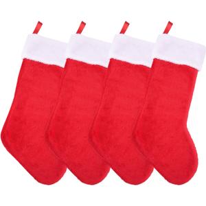 Livder 4 Pack Christmas Stockings Red and White Plush Fireplace Hanging Velvet Stockings for Christmas Decoration Supplies, 20 Inch