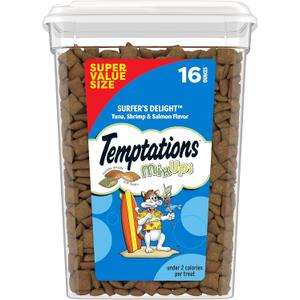 Temptations Cat Treats MixUps Surfer's Delight, Tuna, Shrimp, Salmon Flavor, Crunchy and Soft Cat Treats, 16 oz. Tub (EXP 04/04/26)