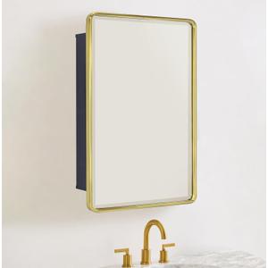 TEHOME Surface Mount 16x24 Brushed Gold Bathroom Medicine Cabinet with Mirror Gold Metal Framed Rounded Rectangle Medicine Cabinet with Beveled Mirror