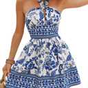 Floerns Women's Floral Print Sleeveless Halter Neck Tie Back Summer A Line Dress (Medium, Blue and White)