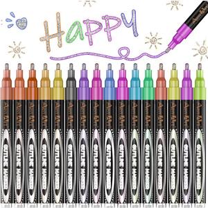 Aen Art Double Line Markers Outline Pens, Squiggles Shimmer Outline Marker Set, 16 Colors Doodle Shimmer Pen for Drawing, Making Card, Craft Project