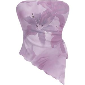 Milumia Women's Tie Dye Drawstring Side Tube Top Lettuce Asymmetrical Hem Bandeaus (Purple, L)