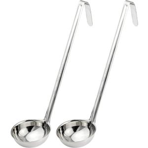 Fit Meal Prep [2 Pack] Stainless Steel Soup Ladle - One-Piece Sauce Spatula with Hook Handles, Commercial Grade Serving Spoon, Kitchen Tool for Restaurant or Home Cooking, Mirror Finish, 14.25" Long (6 oz)