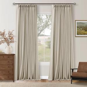 102 Inch Blackout Linen Pleated Curtains for Bedroom Living Room Darkening Pinch Pleat 100% Black Out Thermal Insulated Window Drapes Double Layer Oatmeal Beige 102 Inches Long Curtains 2 Panels Set