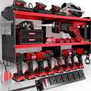 Power Tool Organizer Wall Mount with Charging Station, 15 Min Assembly & Maximum 420lbs Load by Heavy Duty Metal, 8 Slots for Cordless Drill, Tool Battery Holder with 6 Outlet Power Strip (Red)