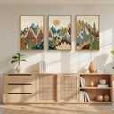 FWIEXA Large Mountain Woodcut Style Canvas Wall Art Set of 3, Sunrise Pine Tree Wall Decor, Forest Animal Painting, Farmhouse Nature Landscape Art, 24x36In Rustic Artwork for Living Room, Bedroom