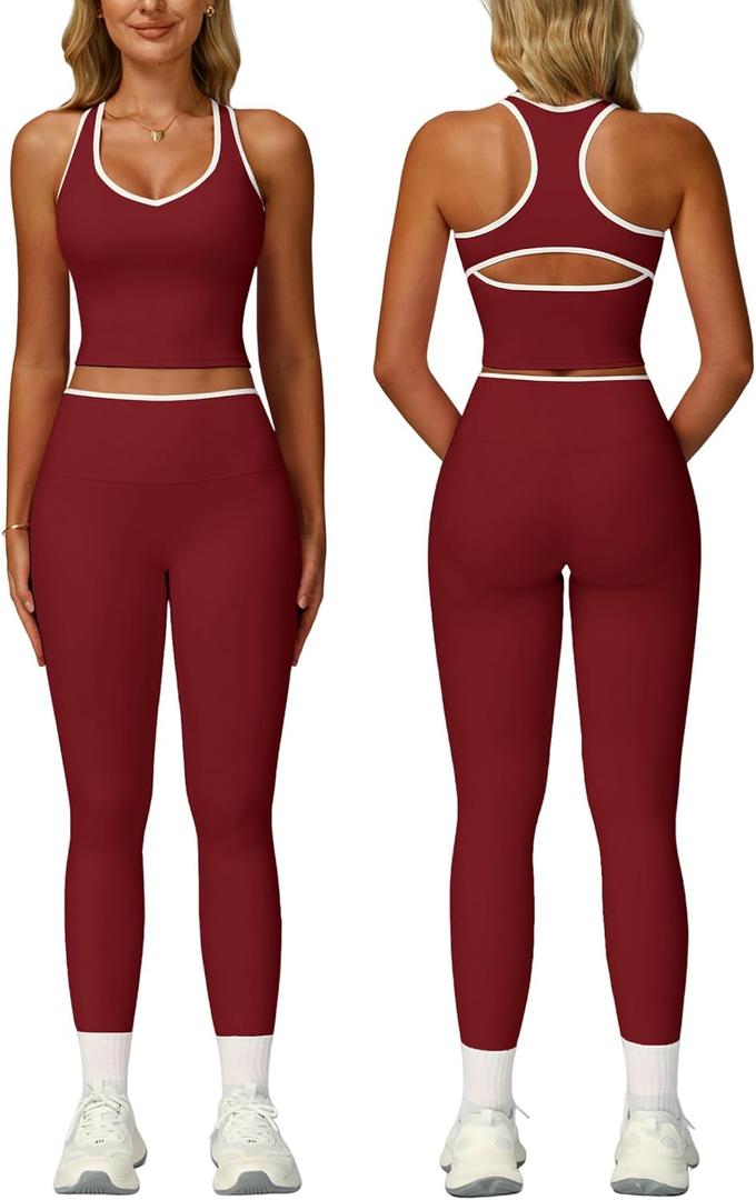 Women 2 Piece Workout Sets Racerback Color Block Tank Tops High Waist Tummy Control Active Leggings Yoga Outfits Medium, Burgundy