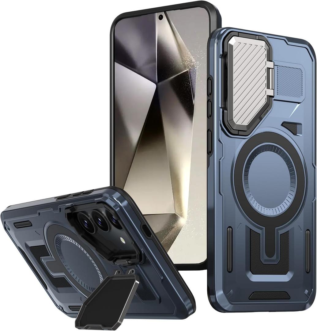 2 x for Samsung Galaxy S24 Case [Compatible with MagSafe] with Camera Protective Cover Stand [Drop Protection] Shockproof Military-Grade Protection Anti-Fingerprint Kickstand Phone Case, Blue