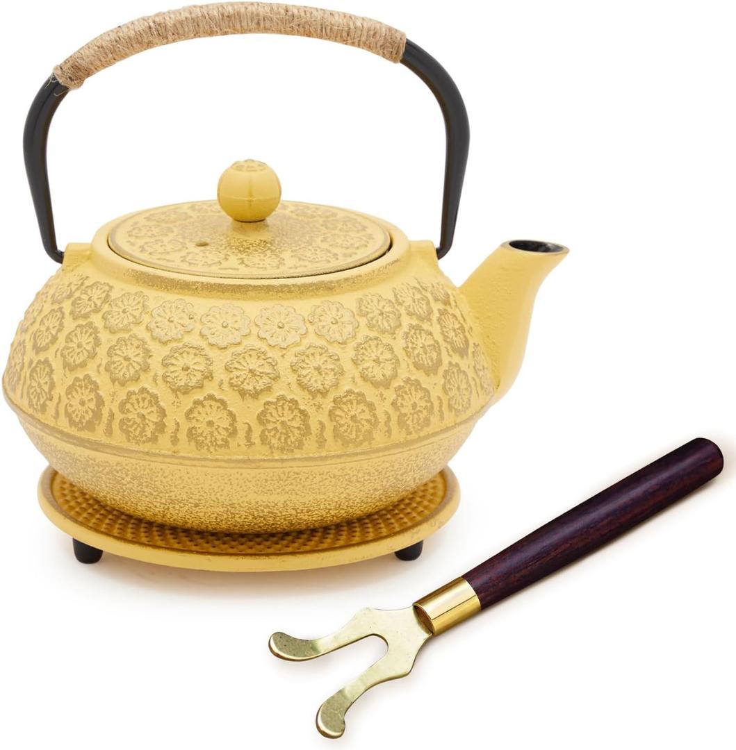 Juvale Japanese Cast Iron Teapot - Stainless-Steel Infuser & Loose Leaf Tea Pot - Superior Heat Retention Cast Iron Kettle - Elegant Floral Trivet For Home Tea Set - 800 ml, Yellow