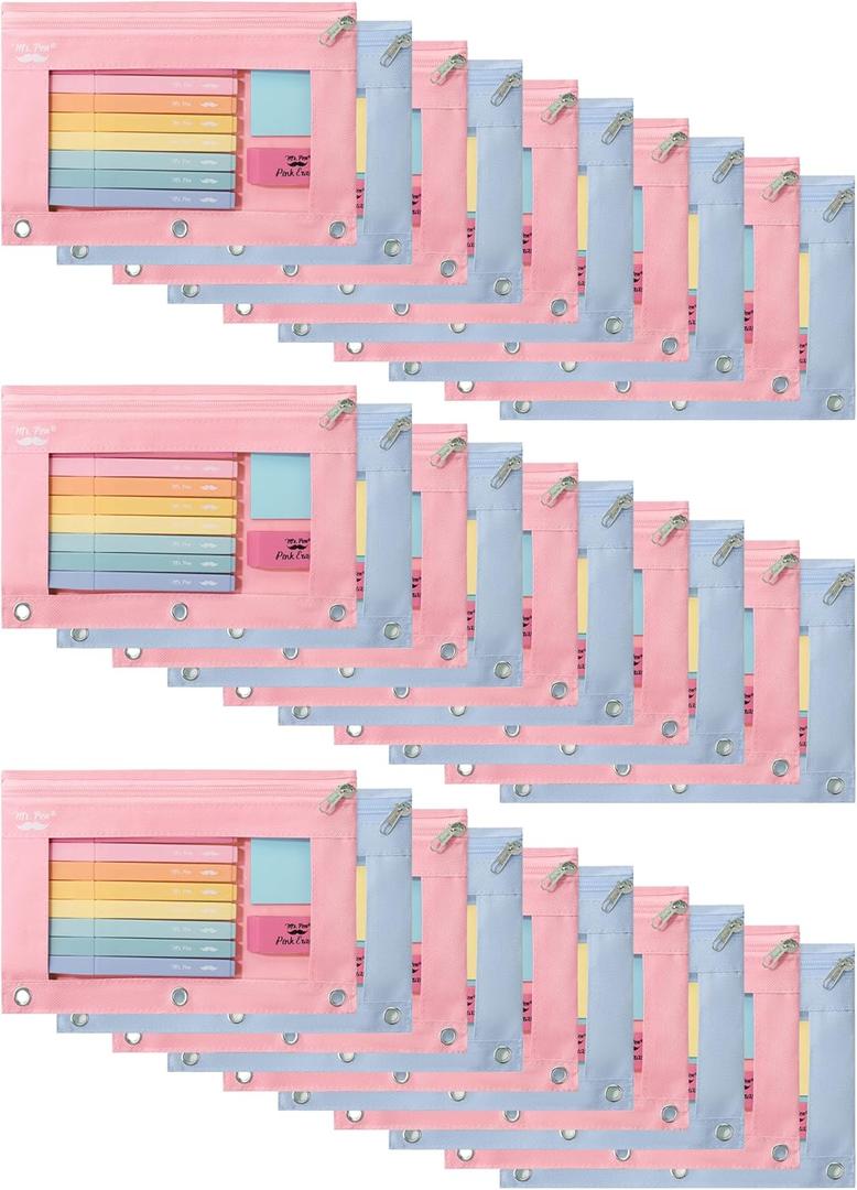 Mr. Pen- Pencil Pouch for 3 Ring Binder, 30 Pack, 10"x6.75", Smooth Zipper | Clear Window, Bulk Large Capacity Pencil Case with 3 Reinforced Grommets for School, Office, Supplies Storage | Clear Window, Bulk Large Capacity Pencil Case with 3 Reinforced Grommets for School, Office, Supplies Storage