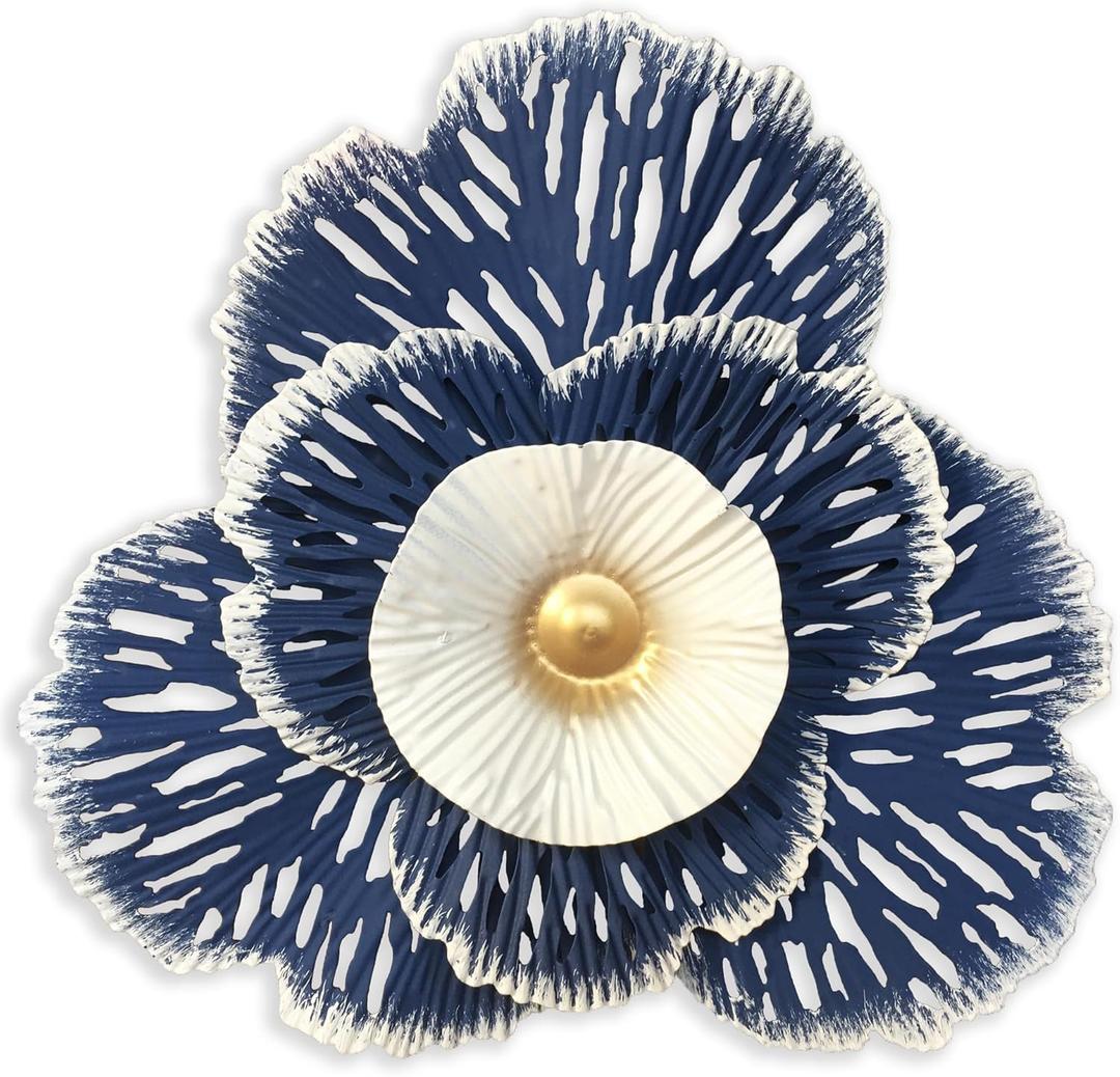 10" Metal Flower Wall Art Decor, Rustic Modern Floral Sculpture, Distressed Iron Wall Hanging Home Decoration Accent Artworks for Indoor Kitchen Bedroom Living Office Outdoor Garden Patio (36D-Blue)