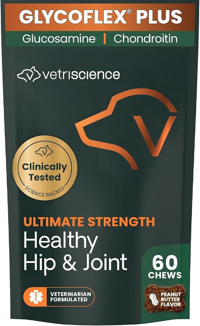 VetriScience Ultimate Strength Healthy Hip & Joint Chews, GlycoFlex Glucosamine, Chondroitin and Green-Lipped Mussel Joint Support Supplement for Dogs, Soothe Discomfort, Peanut Butter, 60 Chews